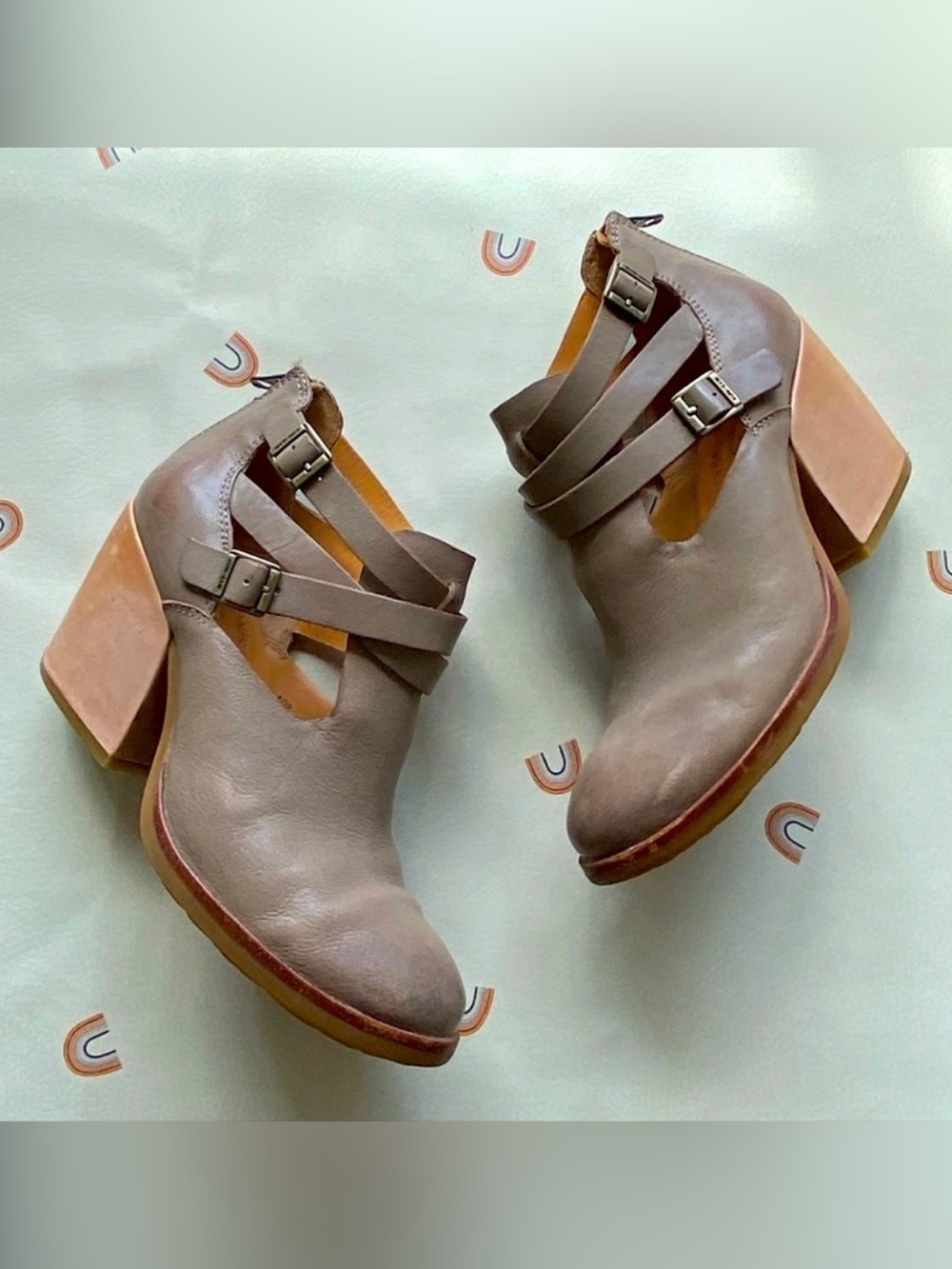 Kork-Ease Taupe Strappy Block Heel Booties